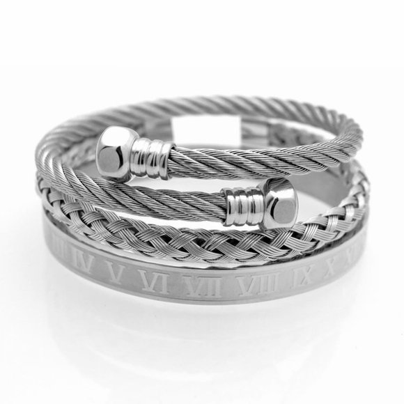 3 Piece Royal Roman Bracelets Bangles Adjustable Silver